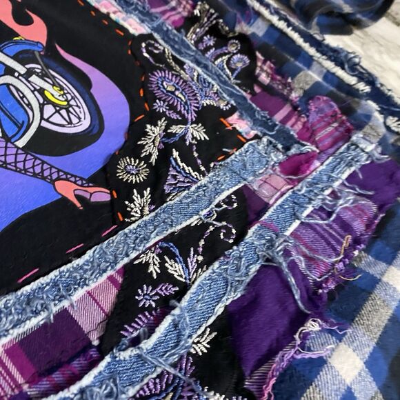 Upcycled Flannel Shirt Shacket Womens 1X Boop Motorcycle Grunge Patchwork Art - Picture 11 of 16